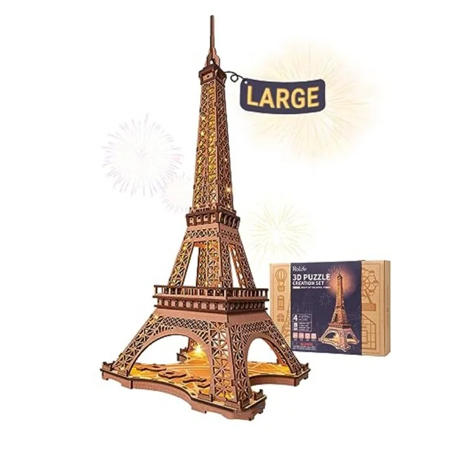 Robotime Eiffel Tower 3D Puzzle kit with Lights Wooden Model Building Kit for Adults and Kids