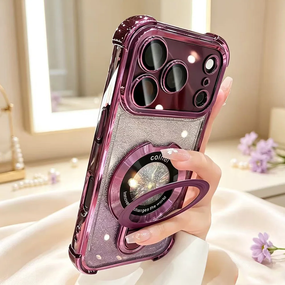 Sleek Plating Phone Case with Magnetic Ring Holder and Stand Bracket