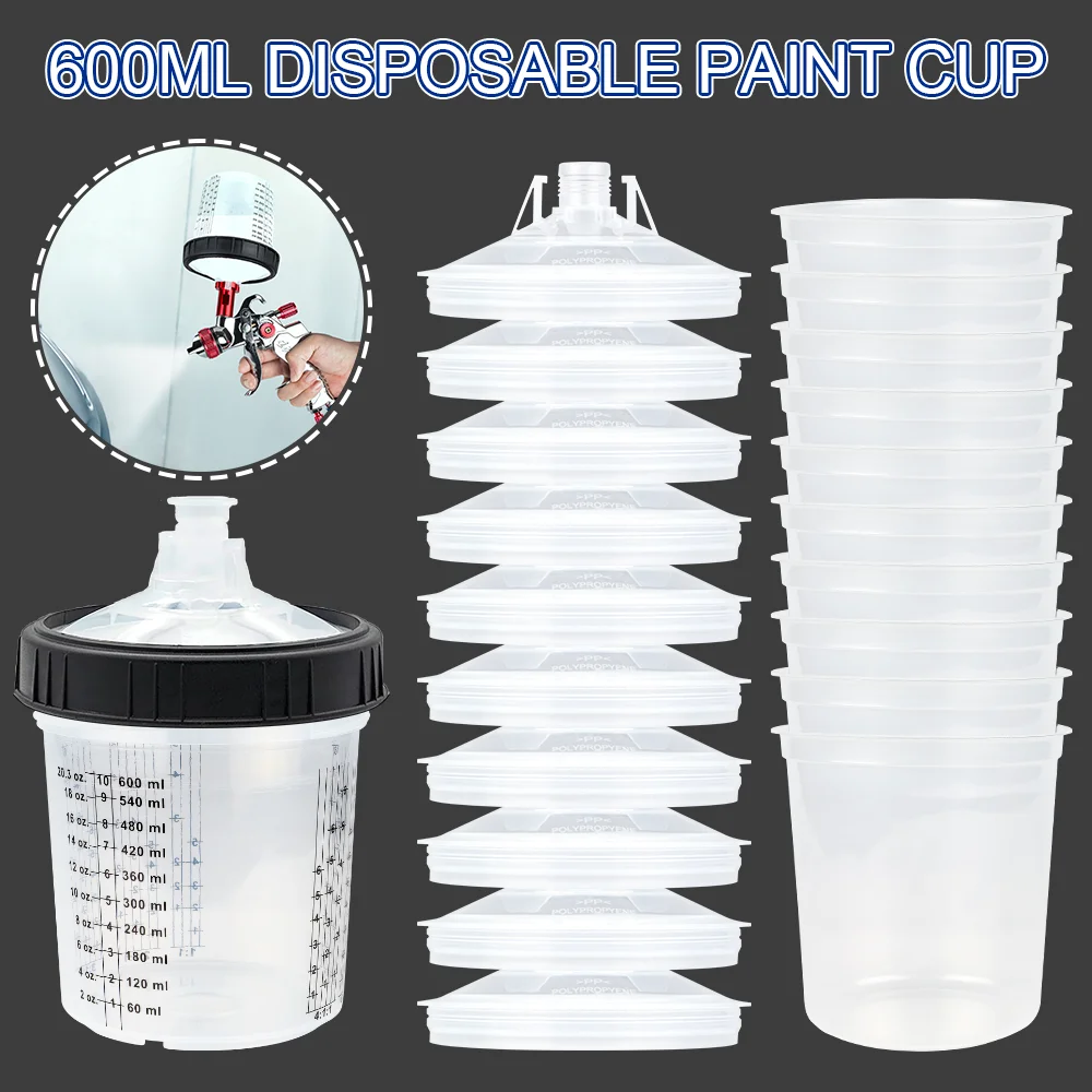 Disposable Paint Mixing Cup Liners & Lids For HVLP Spray Guns – 600ml Kit With 40 Liners, 40 Lids, 1 Hard Cup