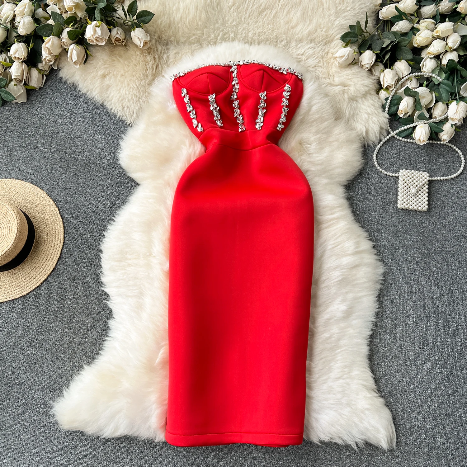 

Elegant Chic Rhine Stone Dress French Strapless Off Shoulder Evening Party Vestidos Women Party Ceremonial Dress