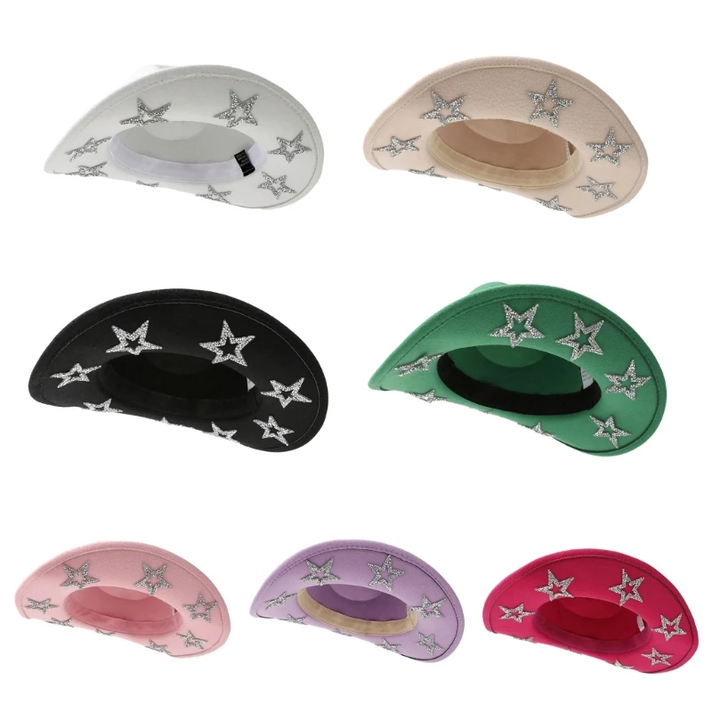Roll Brims Cowboy Hat for Bride Bridesmaids Elegant Five Pointed Star Cowgirl Hat Party Costume Halloween Party Headwear