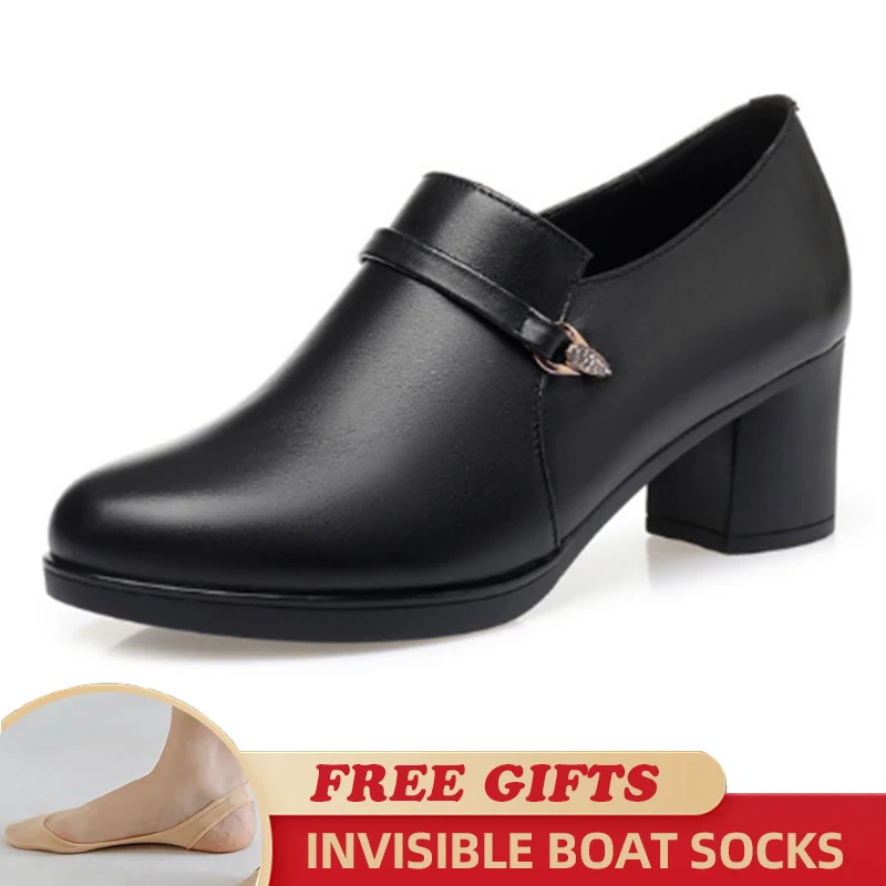 

Ladies Shoes Mid Heel Genuine Leather Single Side Zipper High Heel Shoes Woman Fashion Shoes Big Size Dress Shoes for Women