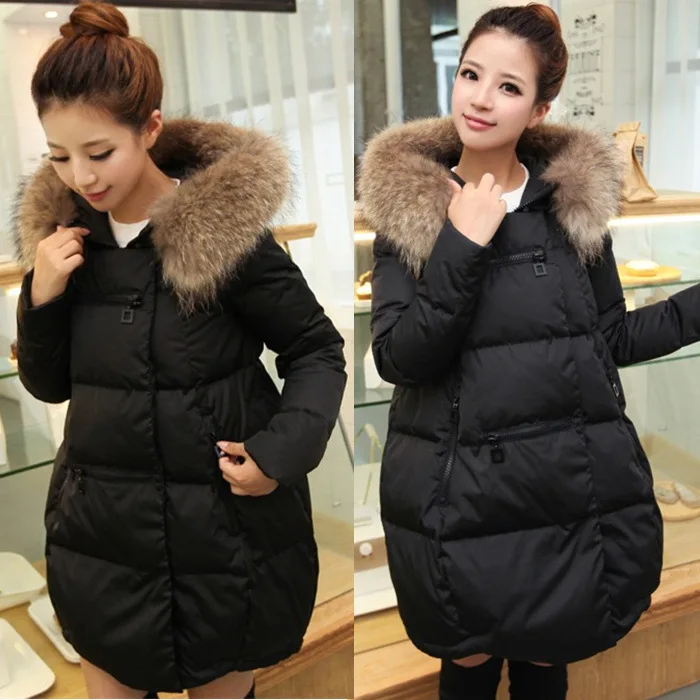 Winter Maternity Down Coats Korean Style Faux Fur Hooded Outerwear Fashion Pregnant Woman Long Cotton Jackets Warm Clothes