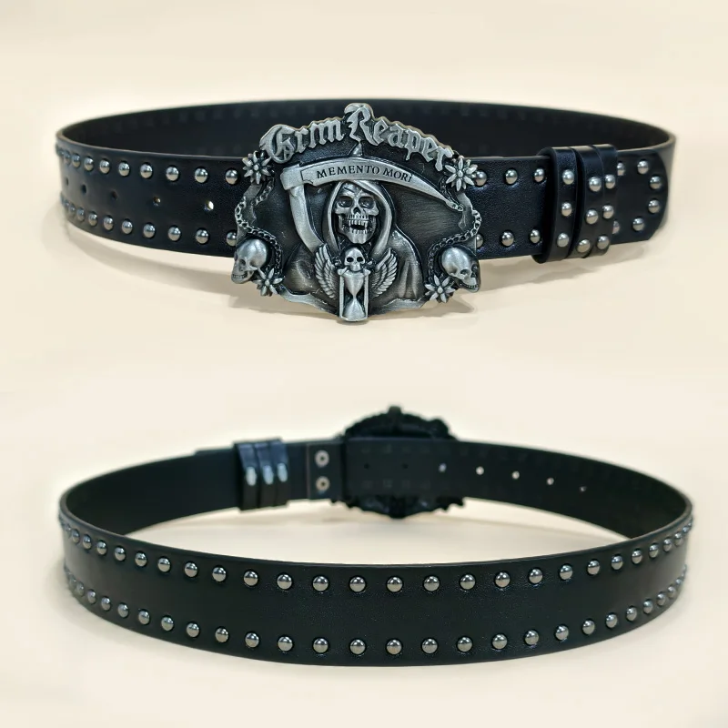 16.8 Grim Reaper Pu Leder Gürtel Für Männer und Frauen Western Cowboy Vintage Plus Größe Kreuz Jeans Gürtel Männliche Gothic Zubehör Y2K – Detail 3