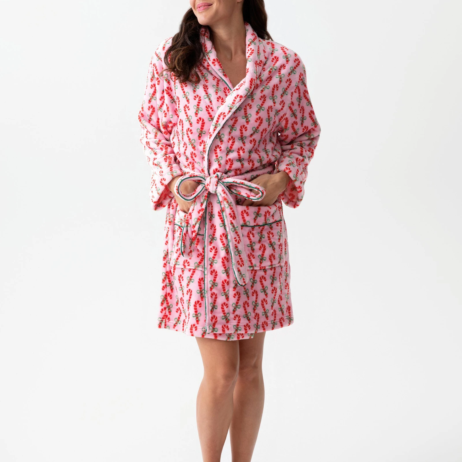 Women Striped Fleece Robe Fuzzy Y2K Printed Long Sleeve Shawl Collar Bath Robe Cute Plush Warm Kimono with Pocket 2025 women sleepwear