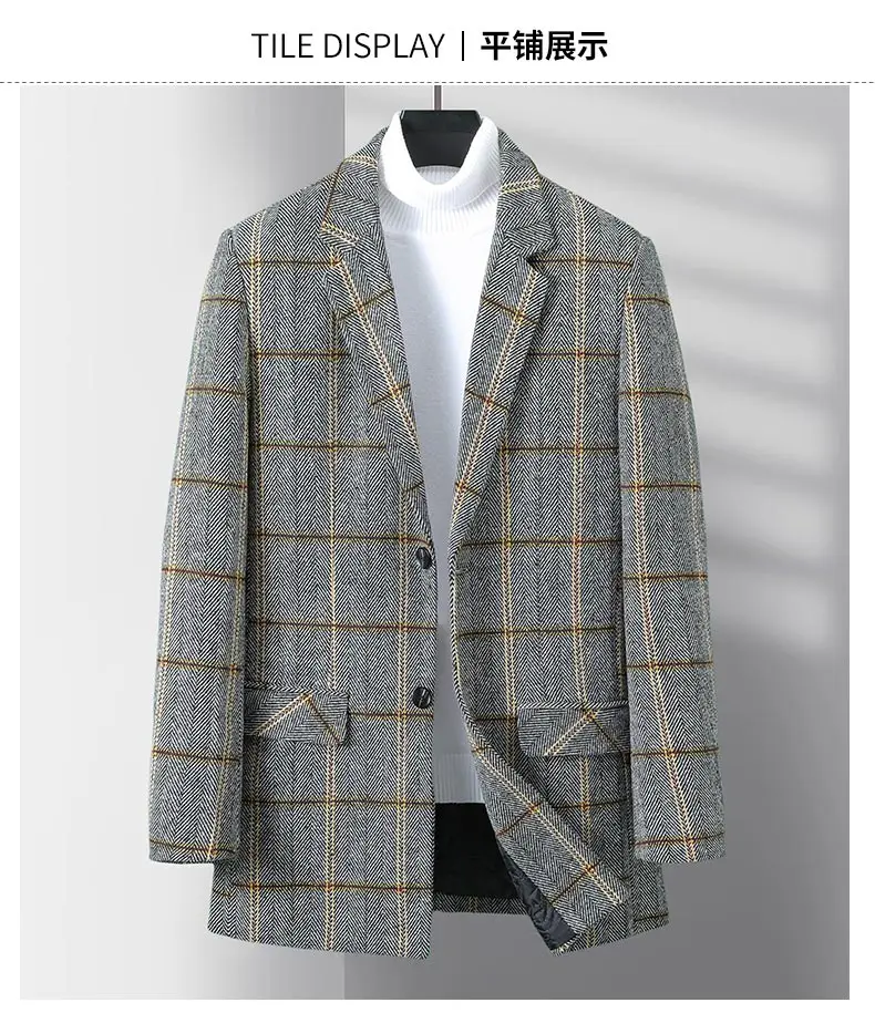 Hochwertige Herren-Wollmäntel mit Karomuster, Winter, Business-Casual, kariert, Baumwolle, dick, Windjacke, Jacken, Oberbekleidung, schmaler, warmer Mantel – Detail 18
