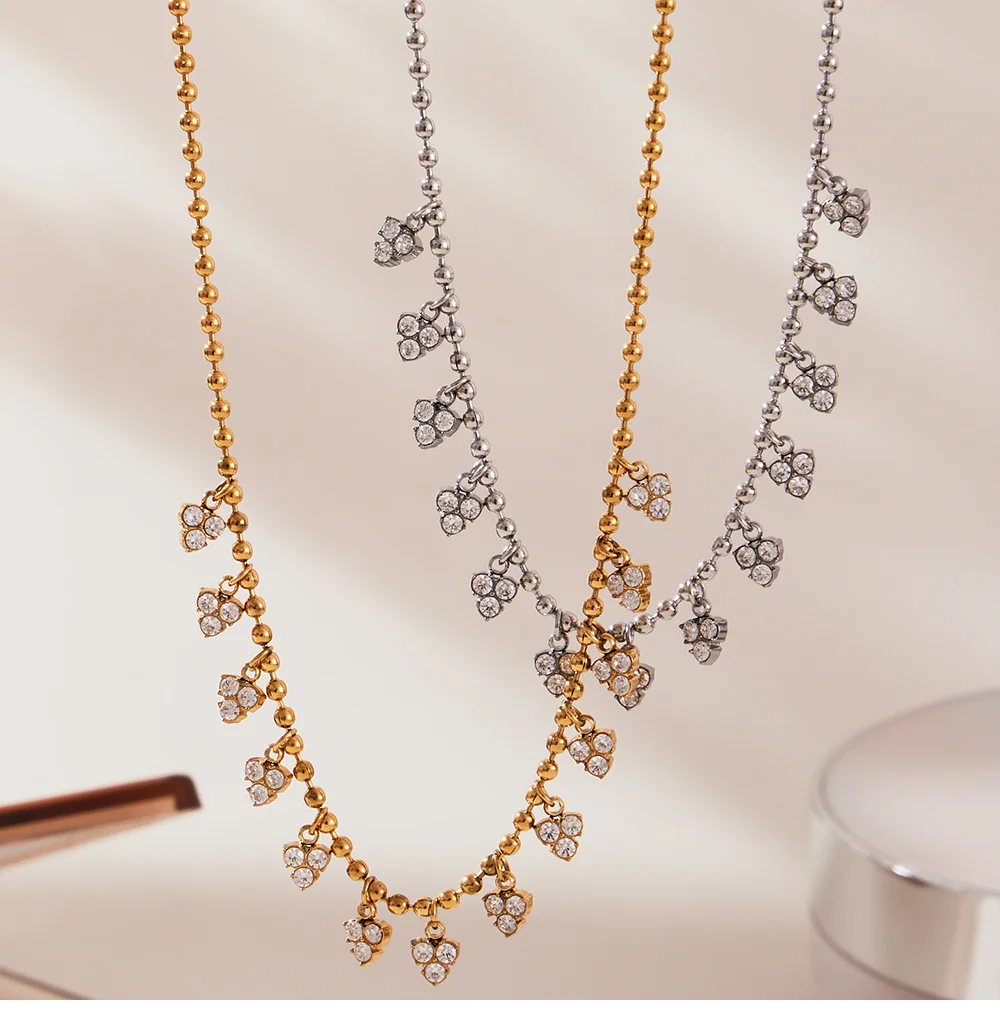 Dreieck glänzendes Zirkon-Anhänger-Halsketten-Armband-Set für Damen, Edelstahl, vergoldete Perlenkette, wasserdichter Knöchelschmuck – Detail 16