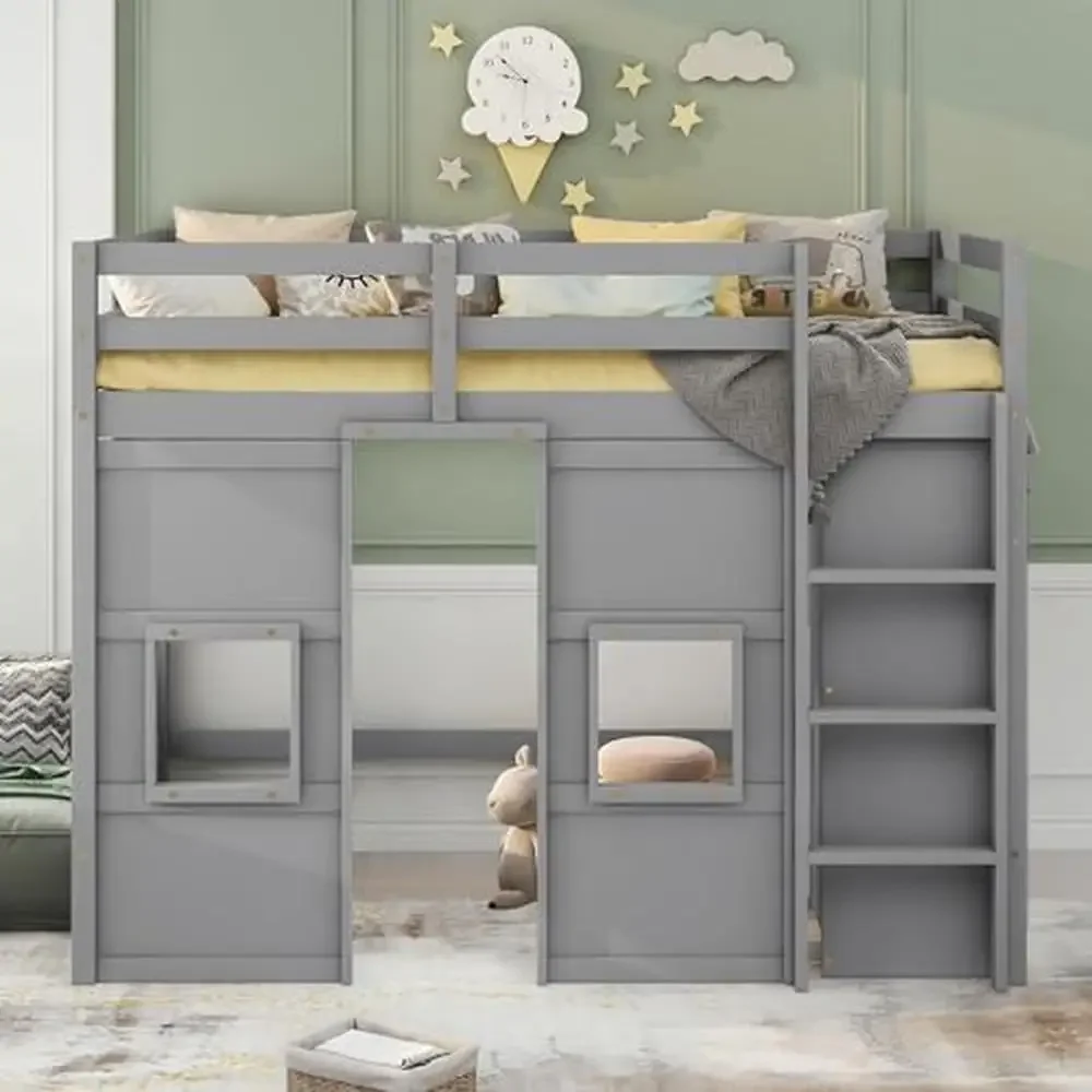 Twin Size Loft Bed with Wardrobe Storage & 2 Windows Solid Wood Frame Guardrail Modern Design High Load Capacity Easy Assembly 3
