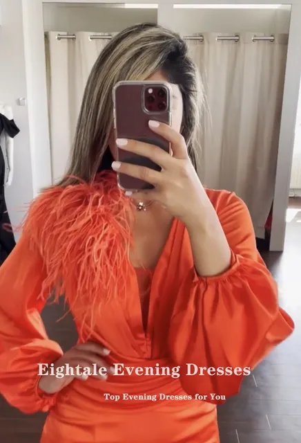 Eightale Feathers Prom Dress for Wedding Satin Arabic V-Neck Evening Gown Long Sleeve Mermaid Orange Party Dress robes de soirée 3