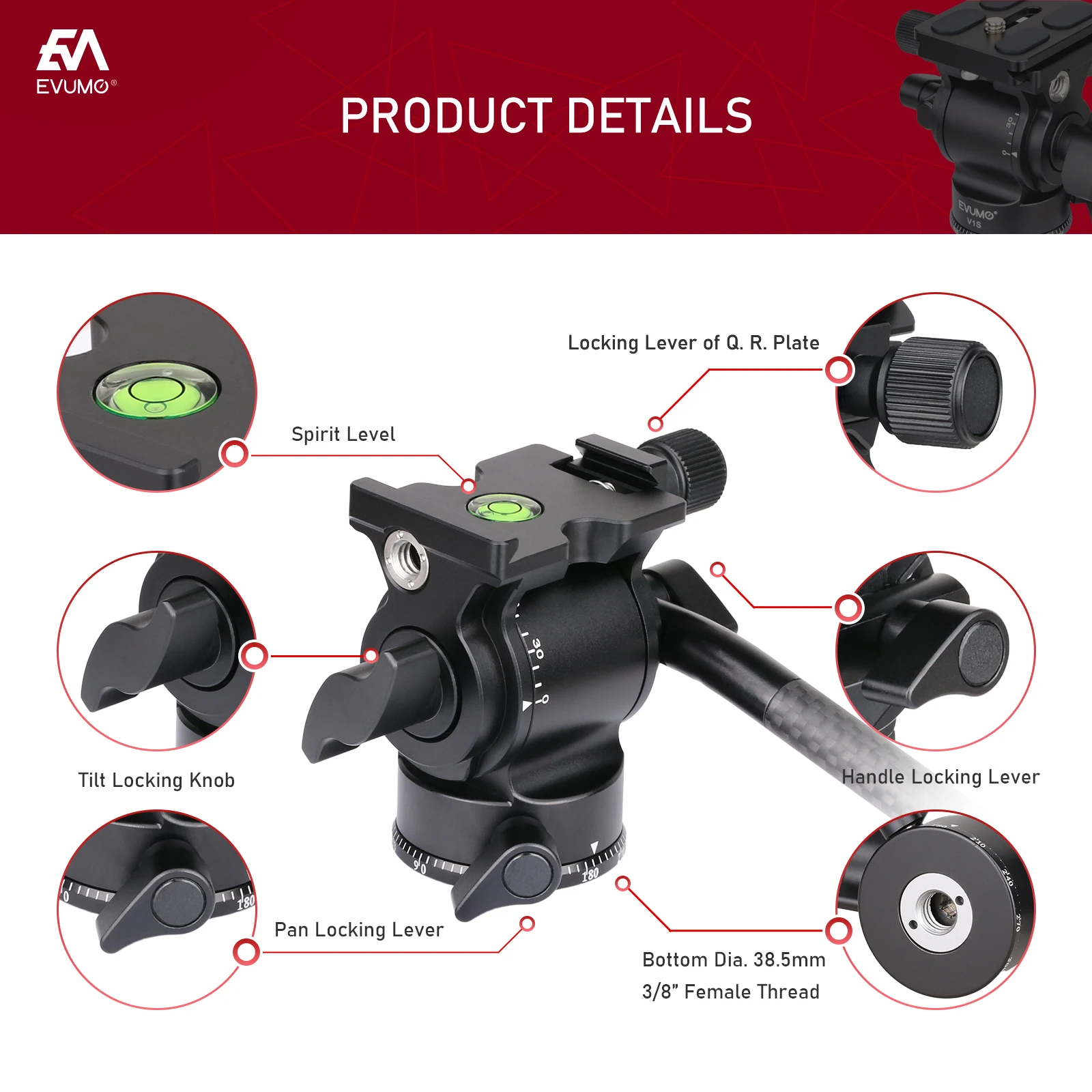 EVUMO V1S Mini Video Tripod Head Carbon Fiber Handle Adjustable Lightweight Portable