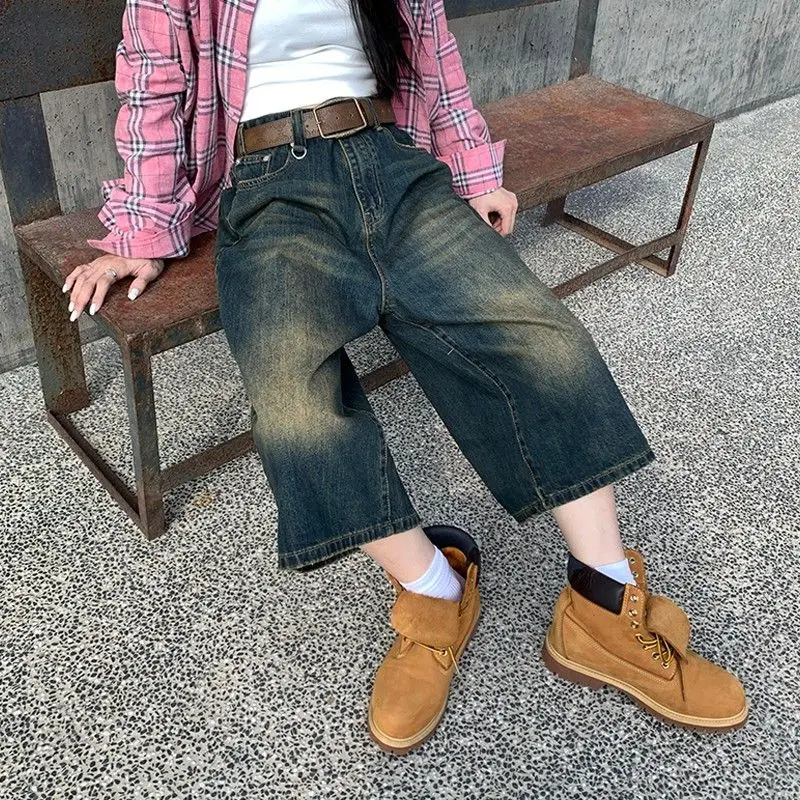 Denim Shorts 2024 Summer New Wide-Legged Retro Loose Straight Cropped Pants Ins Trend Versatile Over-The-Knee Pants
