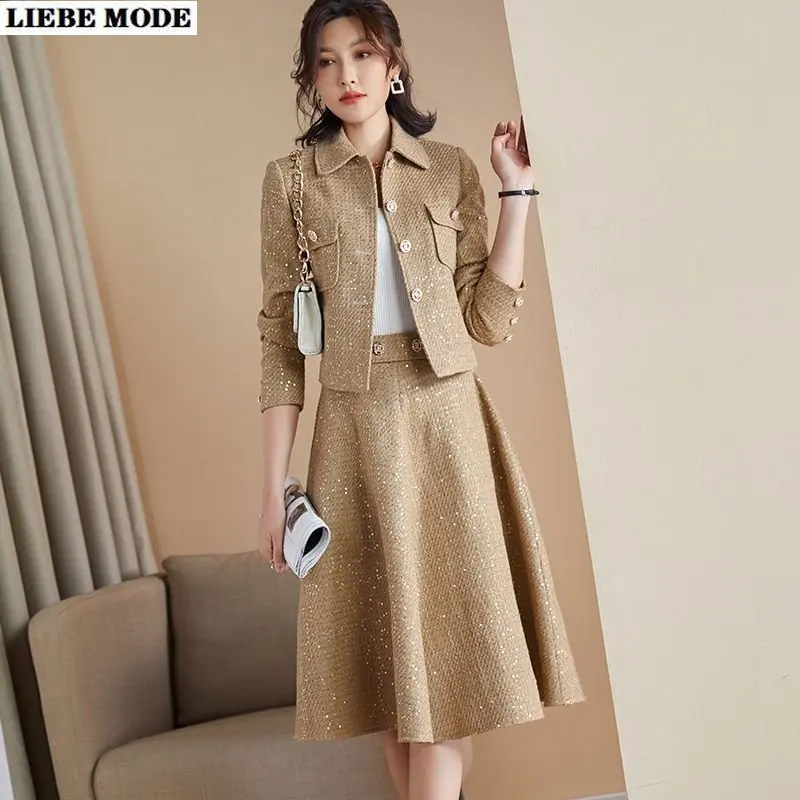 Tweed Blazer Skirts Suits Women Two Piece Set 2023 New Spring Autumn Jacket with A-line Knee Length Skirt Female Two-Piece Sets