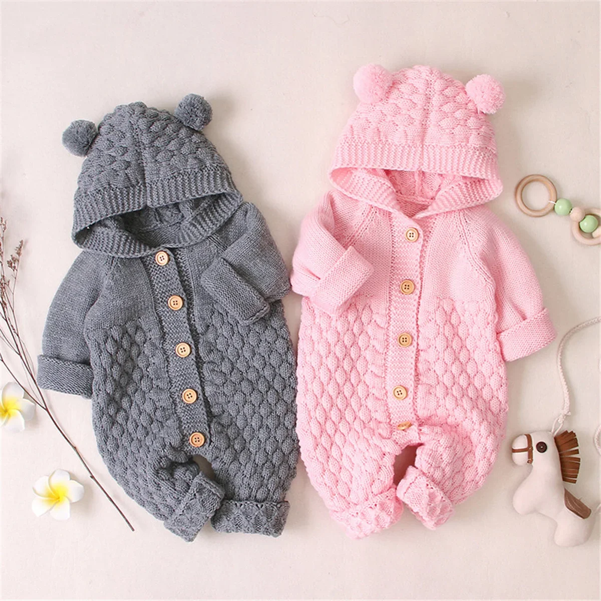 Baby Girls Bear Ear Knit Romper Boys Hooded Newborn Sweater Kids Jumpsuit Babys Outfit Autumn Winter baby rompers baby jumpsuit cotton jumpsuit baby clothing