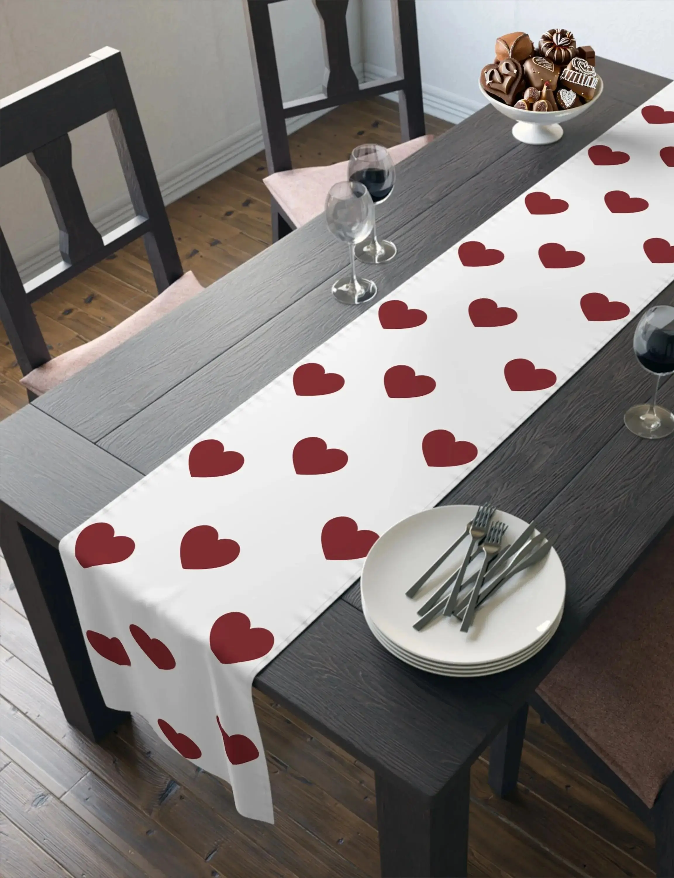 1pc Romantic Heart Pattern Linen Table Runner, 2D Flat Pattern, Valentine's & Multi-Season, Suitable for Dining Table