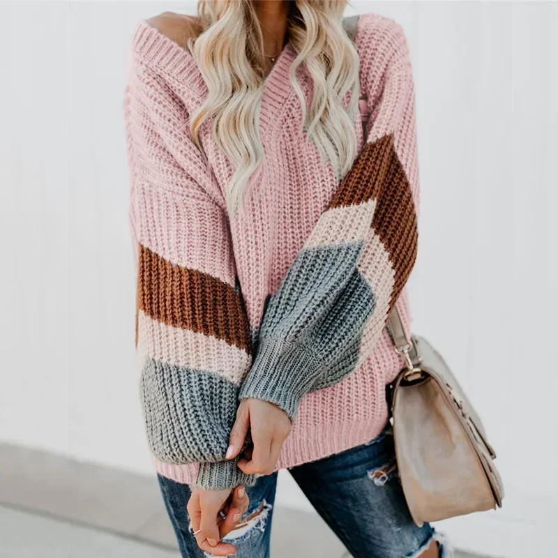

Fashion Lantern Long Sleeve Sweater Autumn Winter Casual Tops Retro Women Clothing V-Neck Stripe Contrast Knitted Pullover 29824