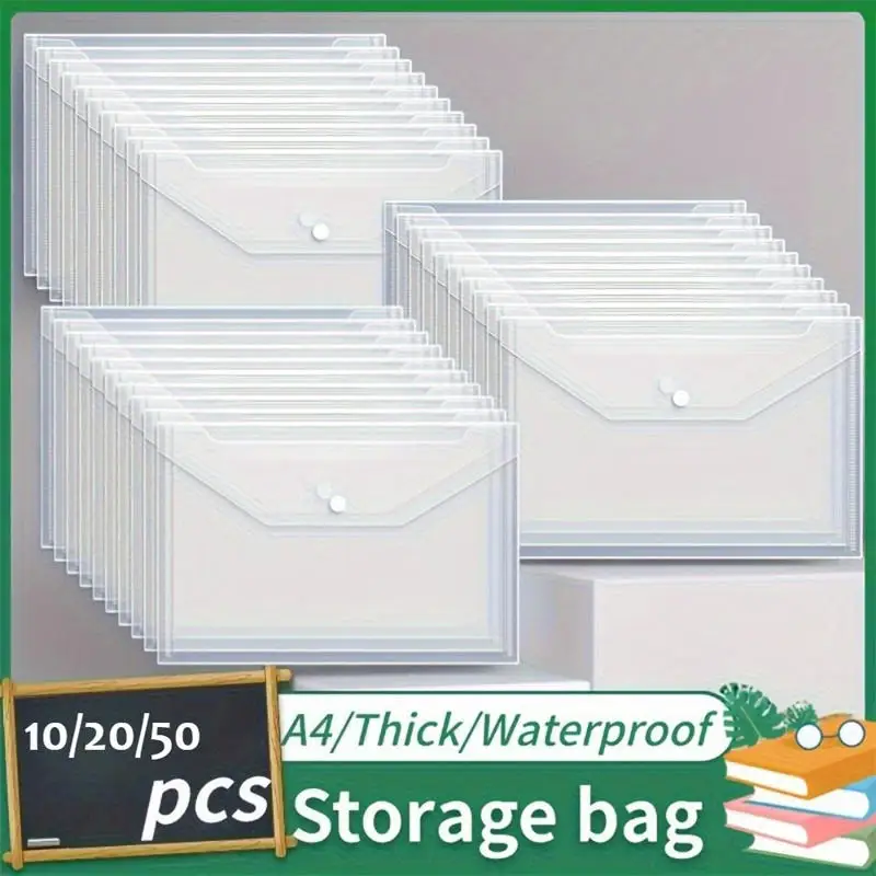 A4 Transparent Button Type File Bag Students Information Storage Pocket Folders Waterproof Reusable Test Papers Bags