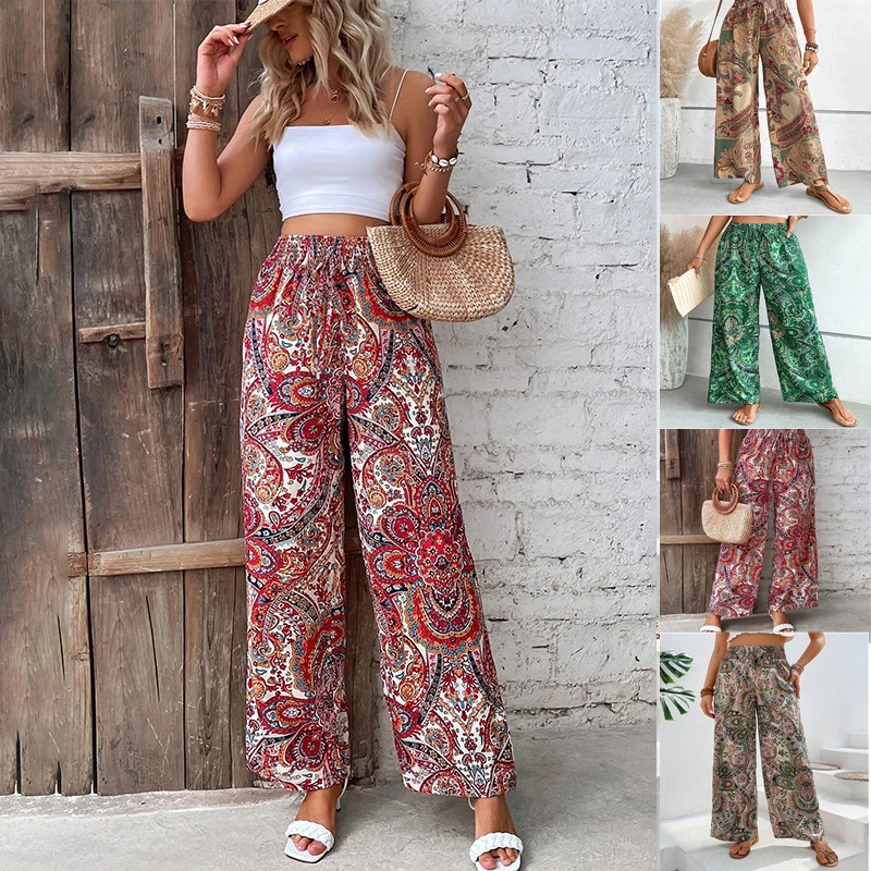 women s bow tie trumpet sleeve blouses grace summer tops printing cheap clothing free shipping offers 2023 2024 Women Chic Fashion Straight Pants Printing Wide Leg Pant Office Wear Summer Casual Elastic Waist Grace Female Trousers Gift