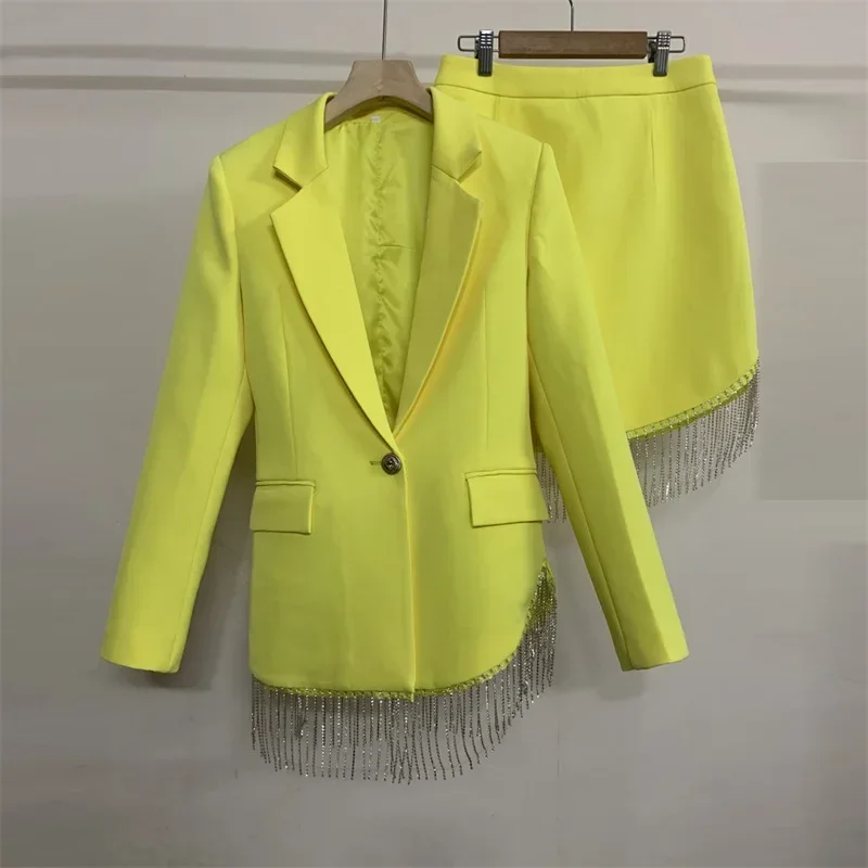 

Beading Women Suits 2 Piece Blazer+Skirt Formal Office Lady Jacket Yellow Business Work Wear Prom Dress Coat Fall Outfit