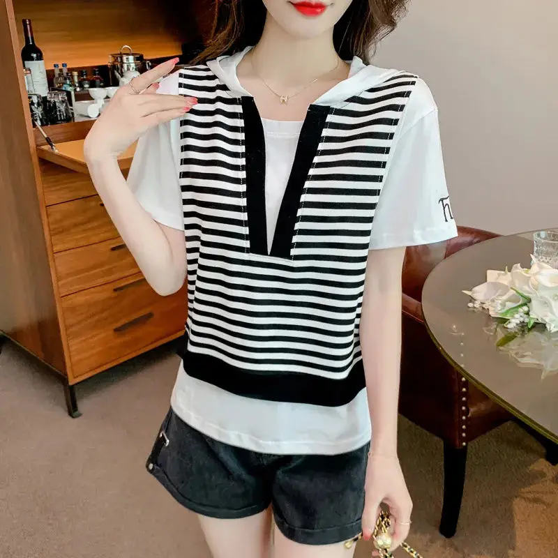 

2024 Spring Summer New Fashion Pullover Short Sleeve Women's Clothing Casual Stripe Tees All Match Loose T-Shirts Female Clothes
