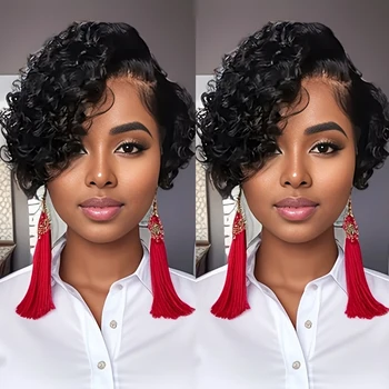 Short Bob Wig Pixie Cut Curly Human Hair Wigs For Women Black Color 13x4x1 T part lace closure Deep Wave Lace Wig Preplucked Hai 1