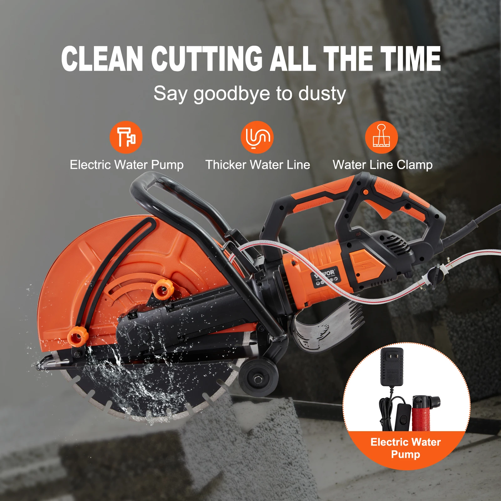 VEVOR Electric Concrete Saw 16 in 3200 W 15 A Motor Circular Saw Cutter with Max. 6 in Adjustable Cutting Depth Wet Disk