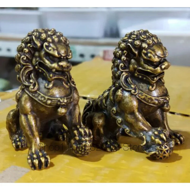 Cina Old Classic Archaic Bronze Lion Pair Fu Foo Dog Guard Statue 5.3Cm