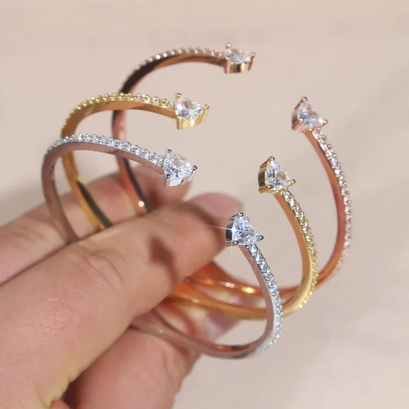 2025 New Iced Out Bling Cubic Zirconia Open Adjusted Charm Bracelet Valentine's Day CZ Heart Bangle For Women Luxury Jewelry 6