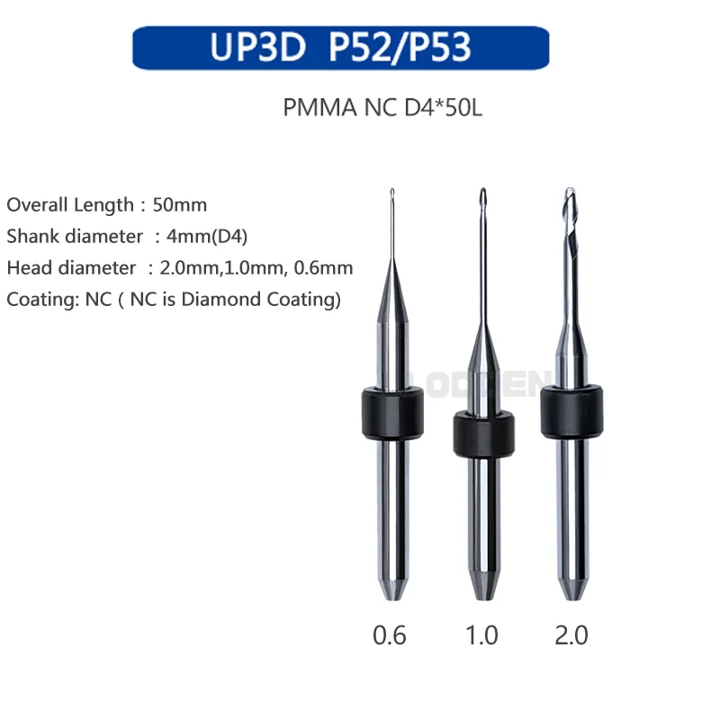 

Dental Milling Burs Cutter UP3D P52/P53 PMMA NC Needle Overall Length 50mm D4 Materials Dental Lab Griding Tools 0.6/1.0/2.0mm