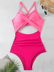 Elegant Ruched One - Piece Swimsuit for Women - Solid Summer Beachwear (1Pink Rose Red)