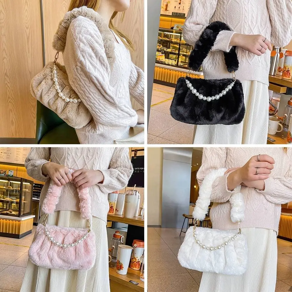 

Solid Color Plush Shoulder Bags Casual Pearl Chain Soft Underarm Bag Handle Bag Winter
