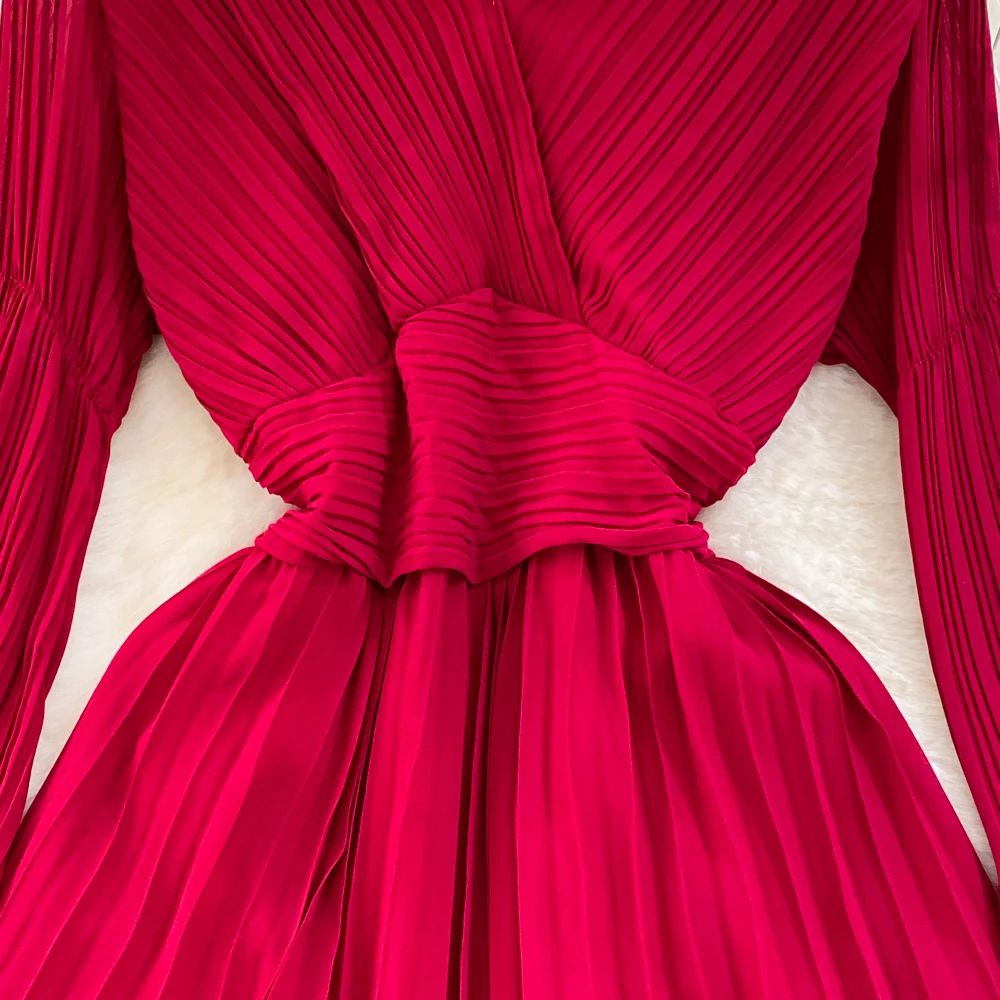 Autumn Flare Sleeve V-neck Midi Dresses for Women Solid Pleated A-line Elegant Party Dress Korean Fashion One Piece Vestidos New