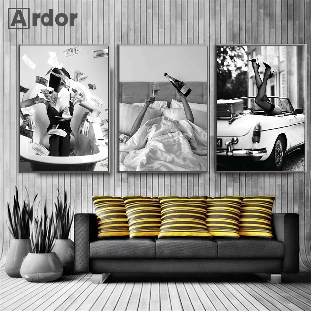 Woman Drinking Wine Poster Car Canvas Painting Bathtub Toilet Black and White Print Wall Art Pictures Living Bathroom Home Decor black and white print sexy fashion women poster portrait leg wall art canvas painting vintage wall pictures living room decor