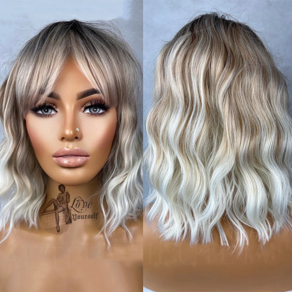 Lace Frontal Wig Bob Wig Ash Blonde Brown Balayage Highlights Streaks 14 Inch Bob Wig Wavy Lace Front Fringe Bangs Womens Wig Eye Catching Short