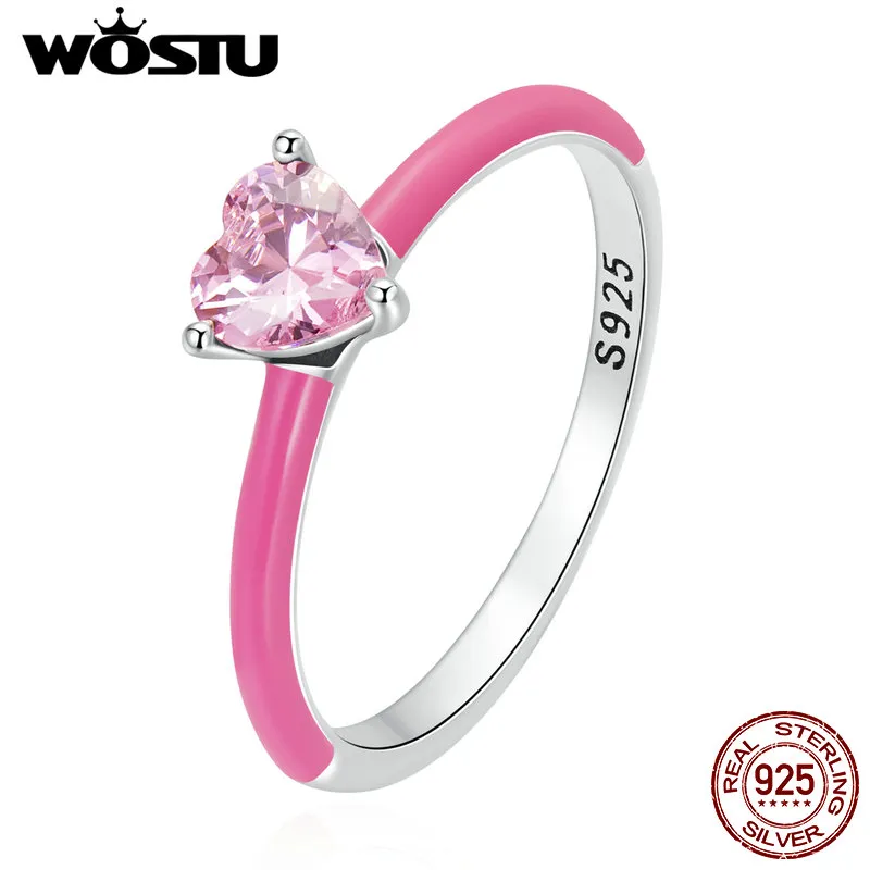 WOSTU 100% 925 Sterling Silver Trendy Pink Heart Zircon Size Ring For Women Fine Blue Zirconium Rings S925 Exquisite Jewelry