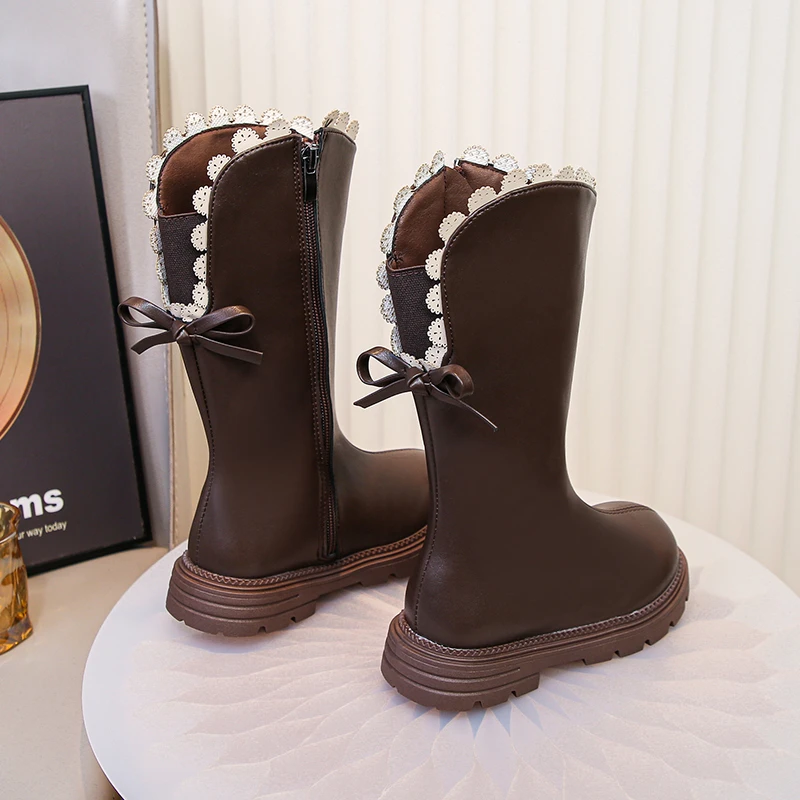 Black Mid Calf Lace Boots for Kids Autumn Breathable