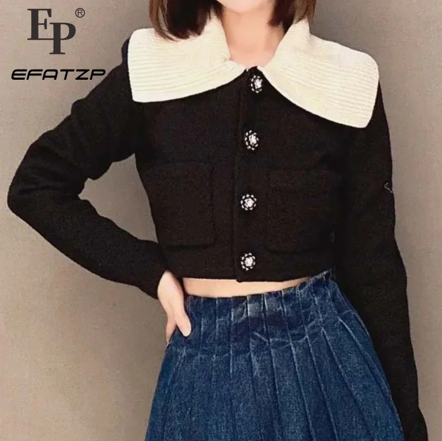 

EFATZP Beaded Coat Women's 2023 Autumn Winter New Navy Style Turn Down Collar Single Breasted Short Coat
