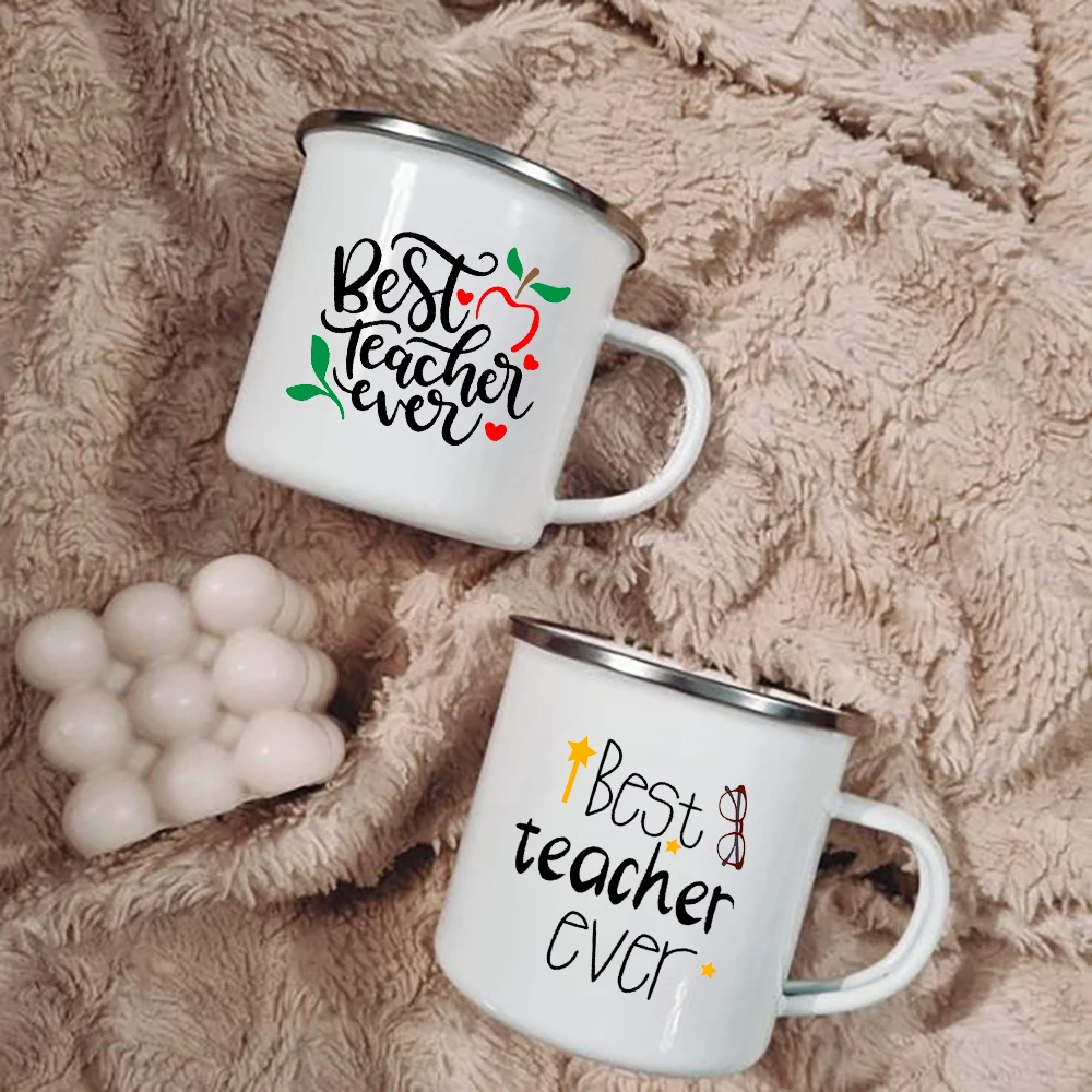 

Best Teacher Creative Enamel Coffee Drinks Mugs with Handle Women Breakfast Dessert Milk Cups Travel Tea Water Mug Holiday Gifts