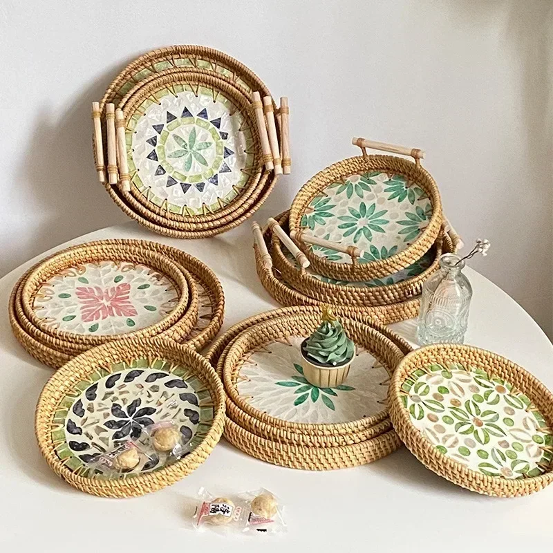 

Корейская лампа роскошный двухъярусный поднос из натуральной раковины, для хранения из ротанга, ароматерапия с парфюмом декоративный поднос, корзина для тортов и хлеба