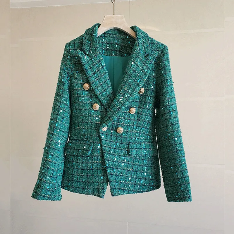 

Luxury Sequined Tweed Jacket for Women 2023 Vintage Elegant Double Breasted Slim Blazer Jackets Winter Wool & Blends Coats
