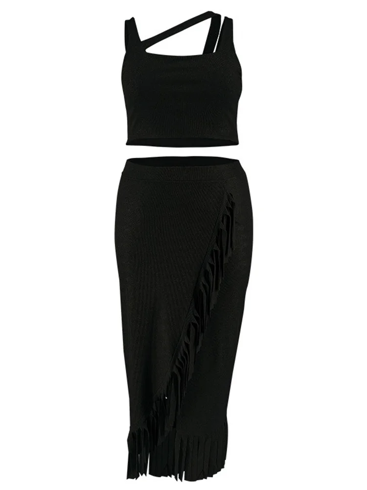 Wmstar Plus Size Two Piece Set Women Summer Sexy Crop Top Long Skirt Sets Tassel Casual Matching Suit Wholesale Drop Shipping