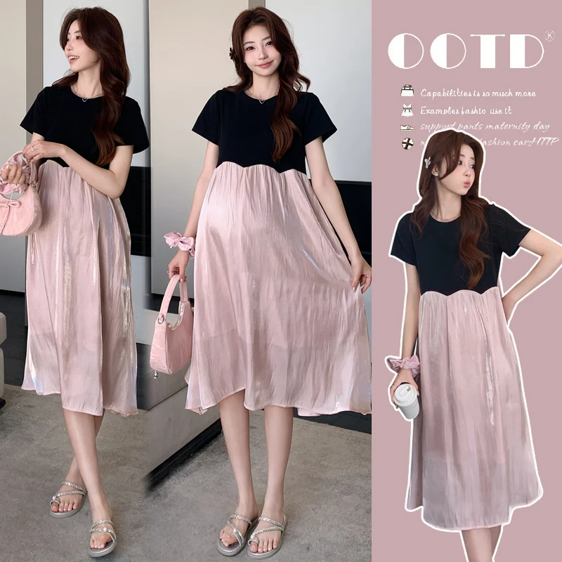 2025 Summer Plus Size Pregnant Women's Clothing Embroidery Collar Long Loose Maternity Pleated Dress Pregnancy Chiffon Dresses