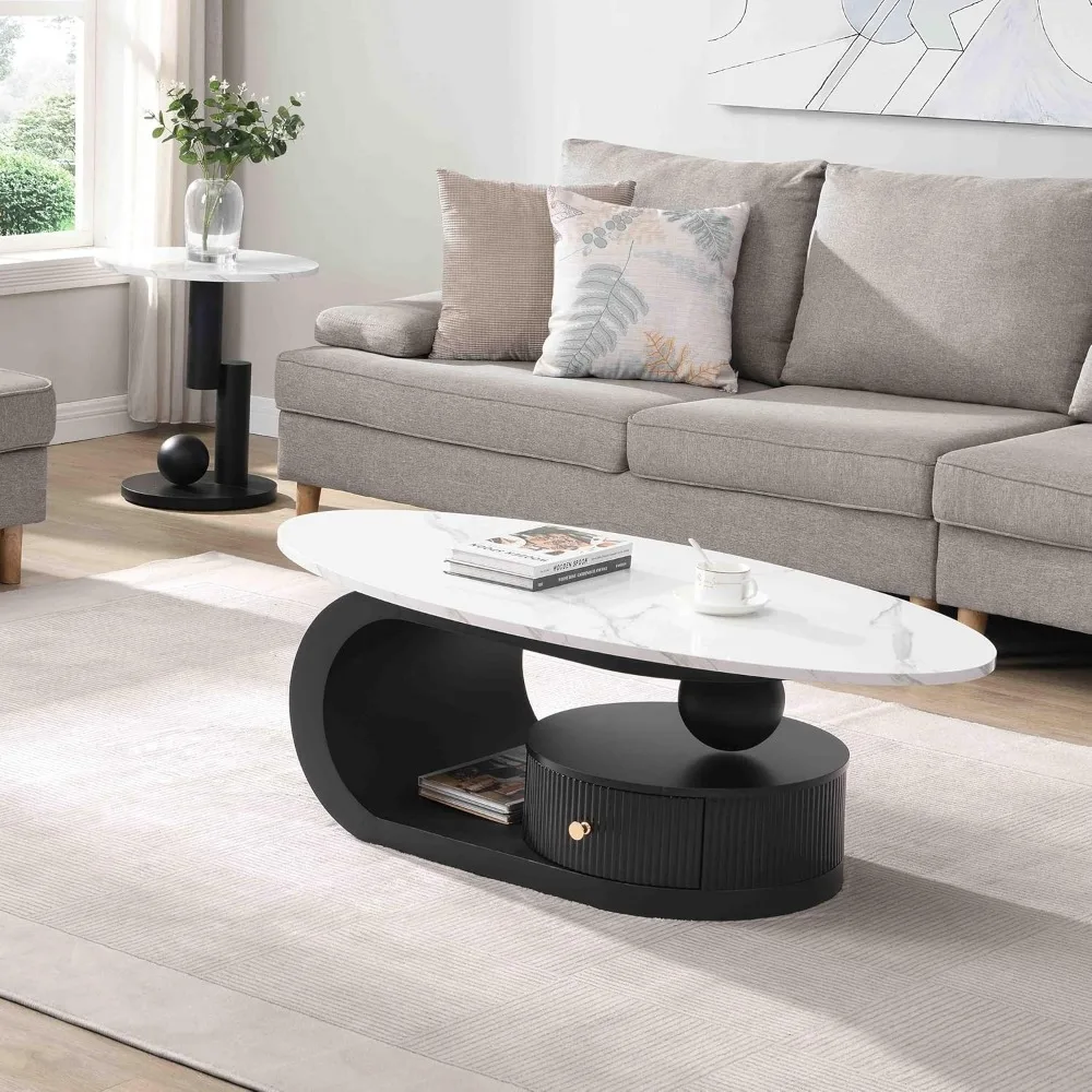 2-Piece Modern Oval Decorative Coffee Table with White Faux Marble Top and Black Metal Base and 1 Drawer, Coffee Table 4