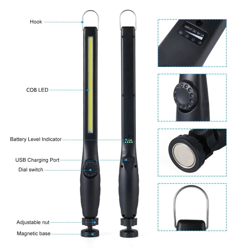 COB LED Work Lamp for Car Repair 5W Inspection Lamp Rechargeable Portable Magnetic Multifunctional Outdoor Lighting
