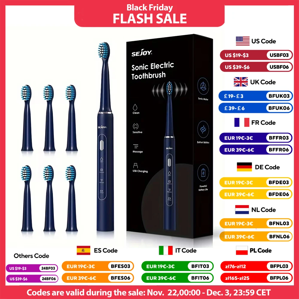 Sejoy Electric Sonic Toothbrush USB Rechargeable 6 Replacement Heads 3 Gears Long Battery Life Tooth Brush electric toothbrush