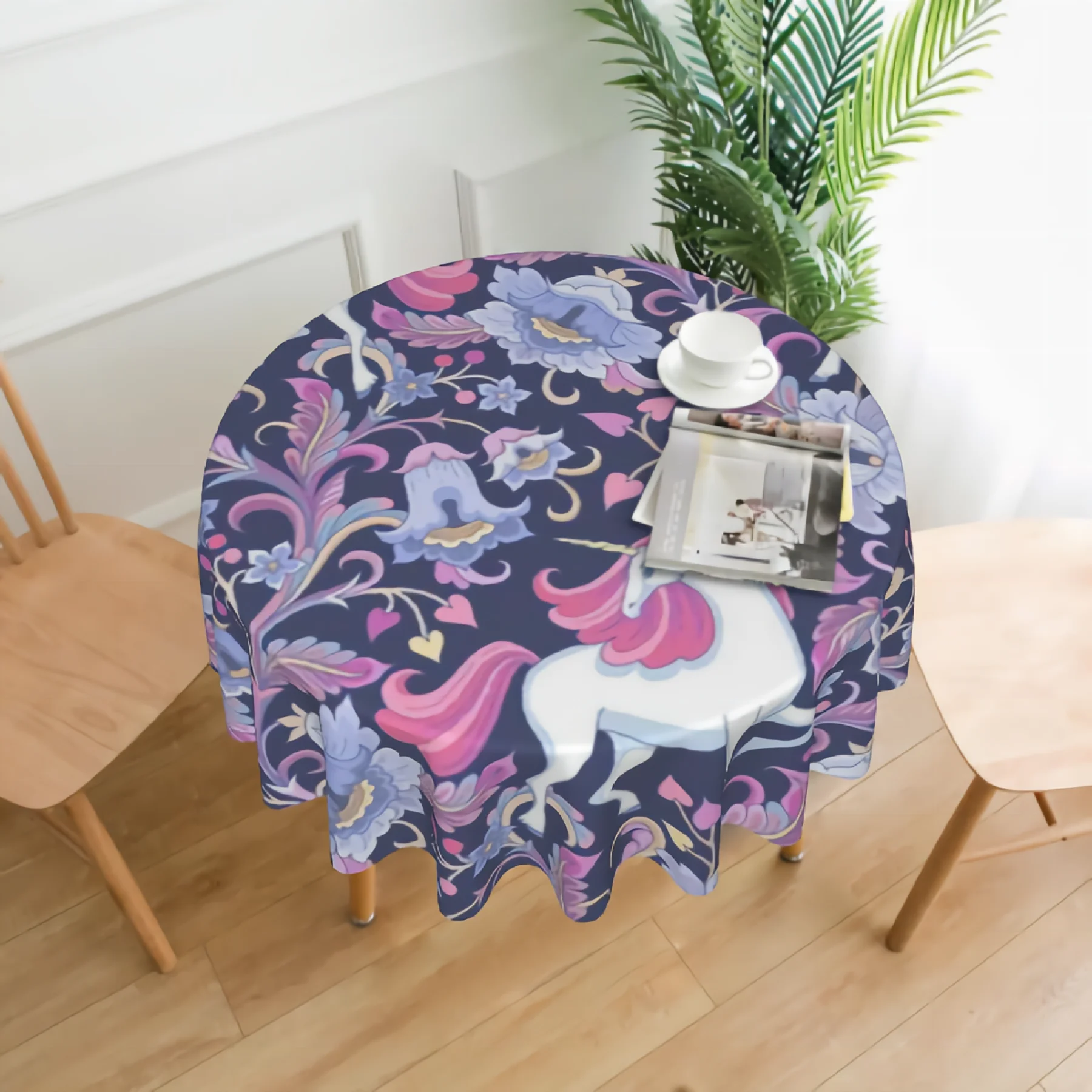 

White Unicorns in the Floral Garden Tablecloth 60 Inch Round Tablecloth Polyester for Party Picnic Tabletop Dining Room