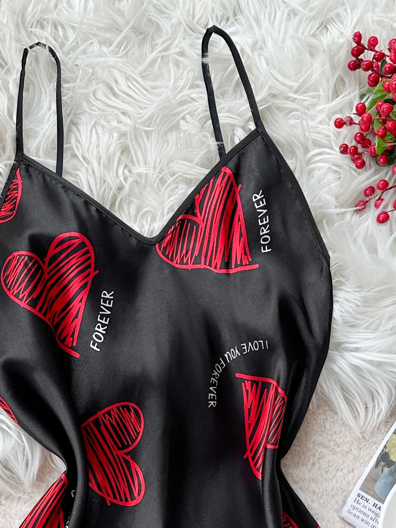 Valentine's Day Red Lip Print Satin Slip Nightdress Women's Pajamas V Neck Backless Mini Sleep Dress Women's Sleepwear Dresses