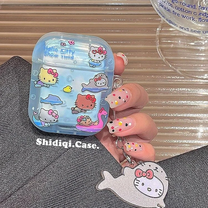 Sanrio Dolphin Swimming Hello Kitty Custodia Per Auricolari Carina Per Apple Bluetooth Protezione Per Auricolari Airpods Pro Gen 1 Gen 2 Gen 3