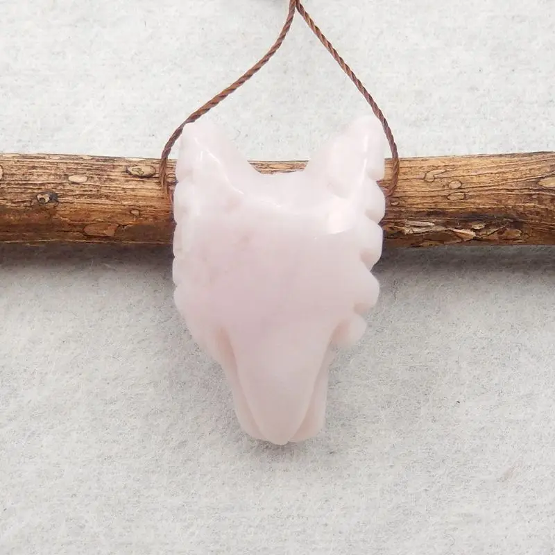 Customized Jewelry Natural Stone Pink Opal Handcarved Wolf Head Gemstone Fashion Necklace Accessories Pendant Bead 26x16x11mm 4g