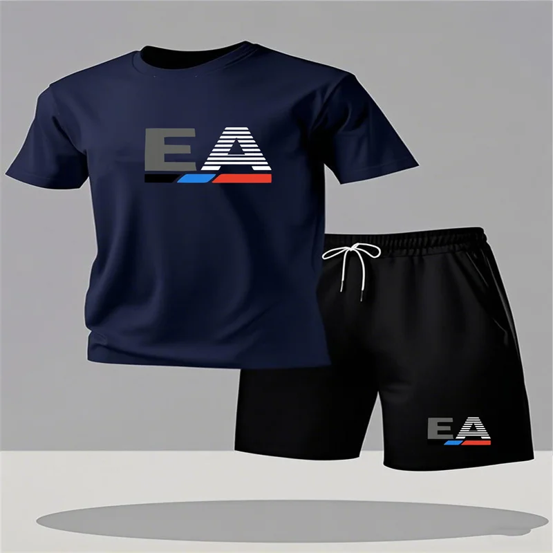 Fashionable men's comfortable and breathable round neck T-shirt and shorts summer outdoor casual short sleeved top set 2-piece