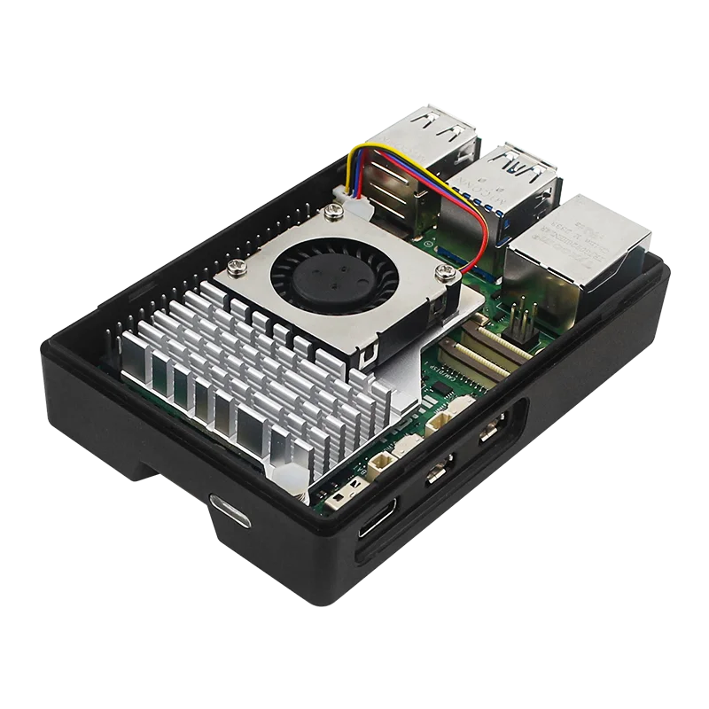 Sleek Black & Silver Raspberry Pi 5 ABS Case with Optional Cooling Fan & Screen Support